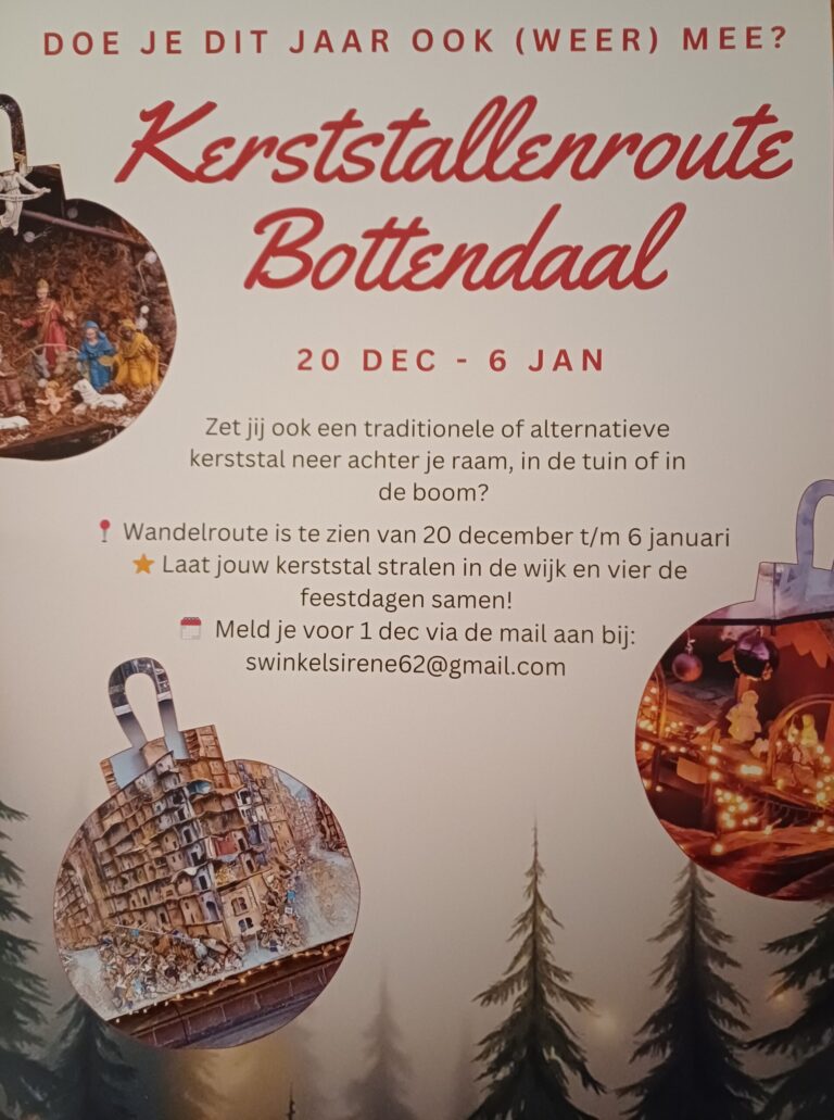 Herhaalde oproep deelnemers 2e Kerststallenroute Bottendaal